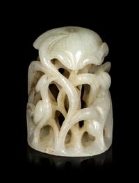 A Chinese Celadon Jade 'Egret and Lotus' Finial