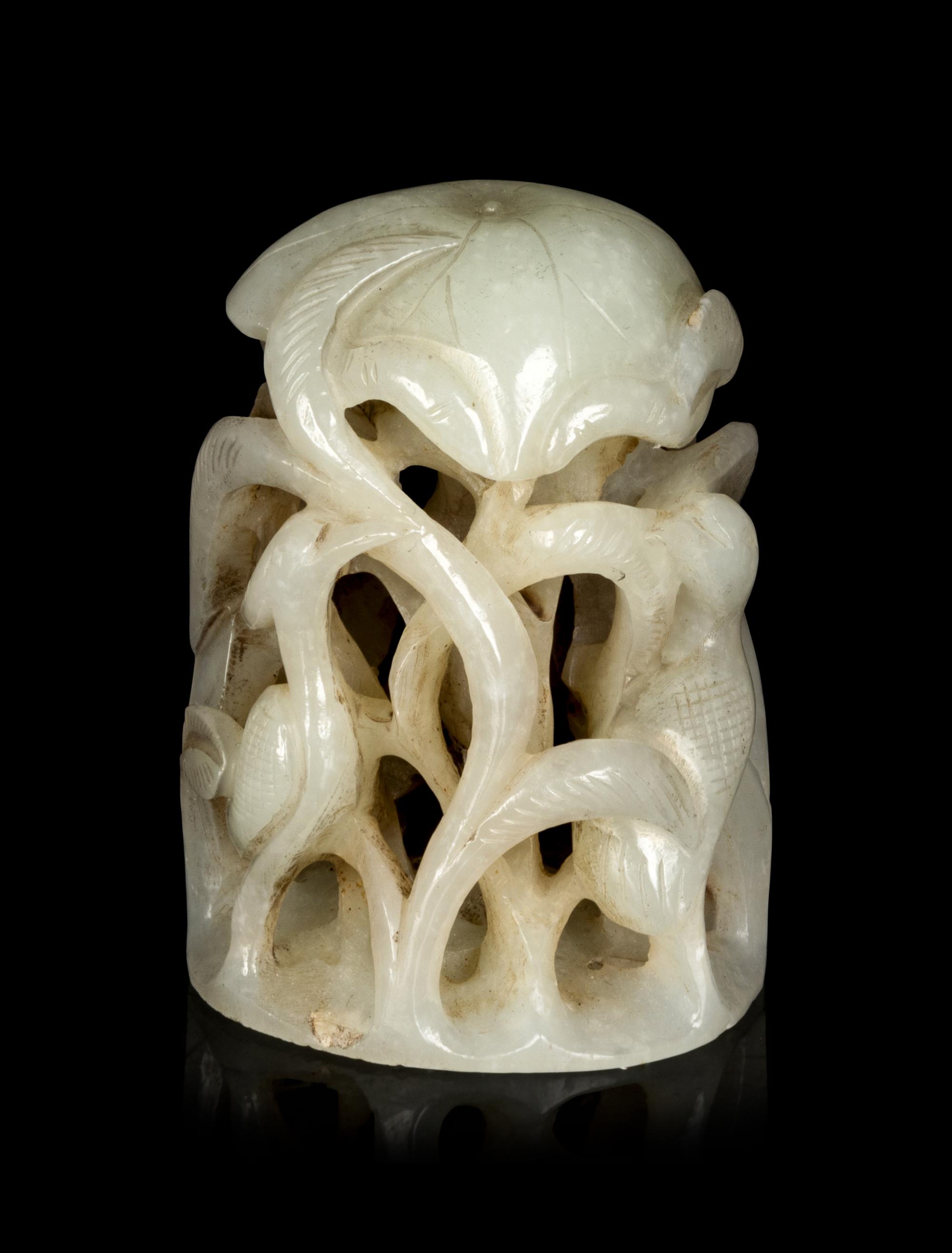 A Chinese Celadon Jade 'Egret and Lotus' Finial
