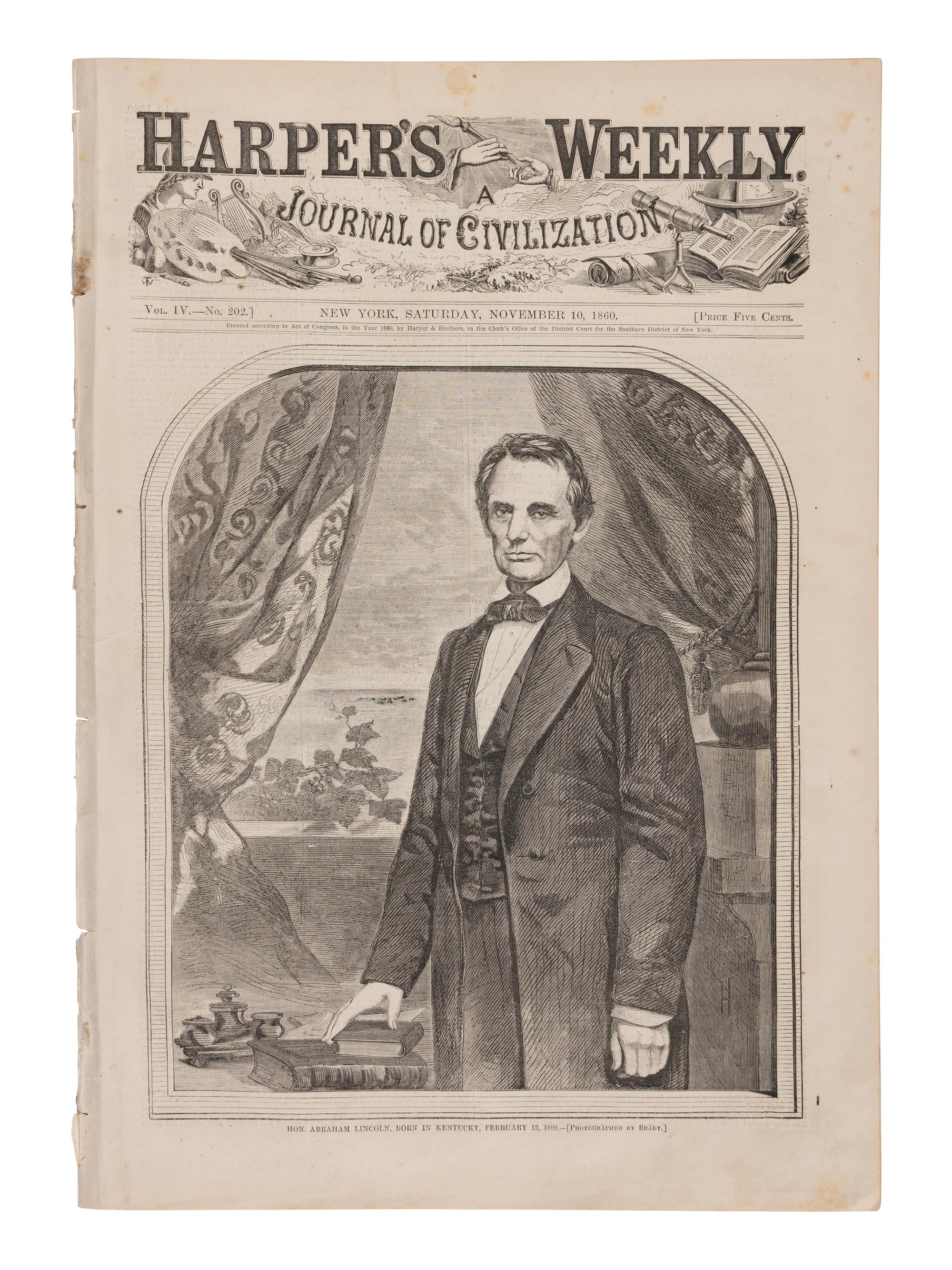 [LINCOLN-HAMLIN CAMPAIGN]. A pair of Harper's Weekly issues profiling Abraham Lincoln, comprising: 26 May and 10 November, 1860.