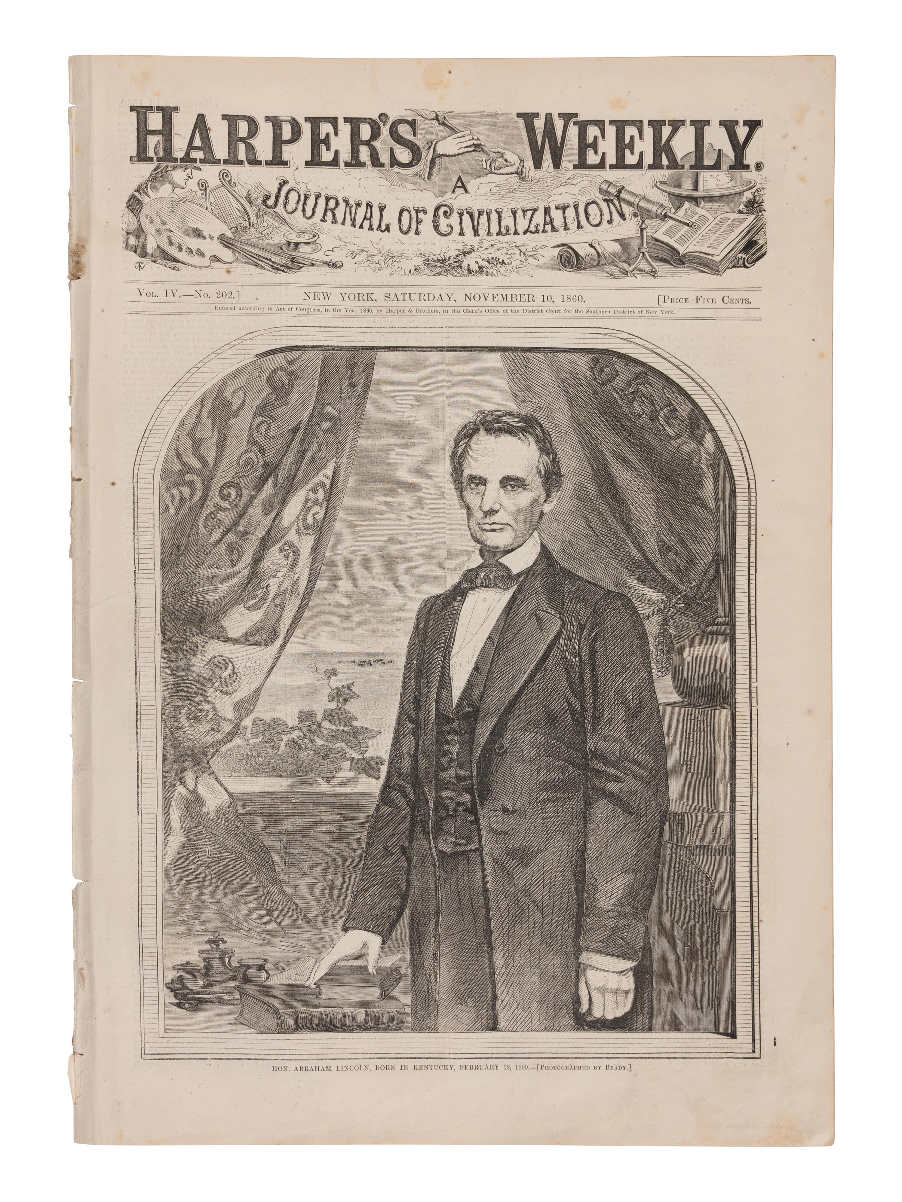[LINCOLN-HAMLIN CAMPAIGN]. A pair of Harper's Weekly issues profiling Abraham Lincoln, comprising: 26 May and 10 November, 1860.