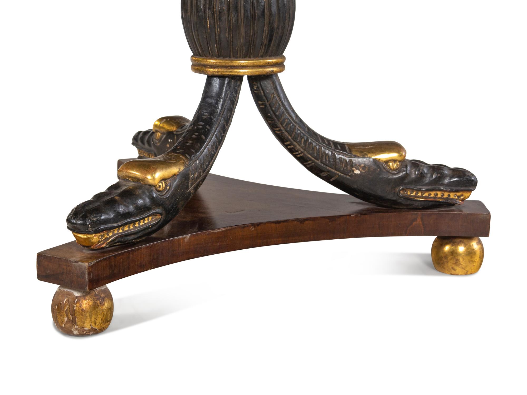 An Italian Painted and Parcel Gilt Marble-Top Center Table with Serpent-Form Supports