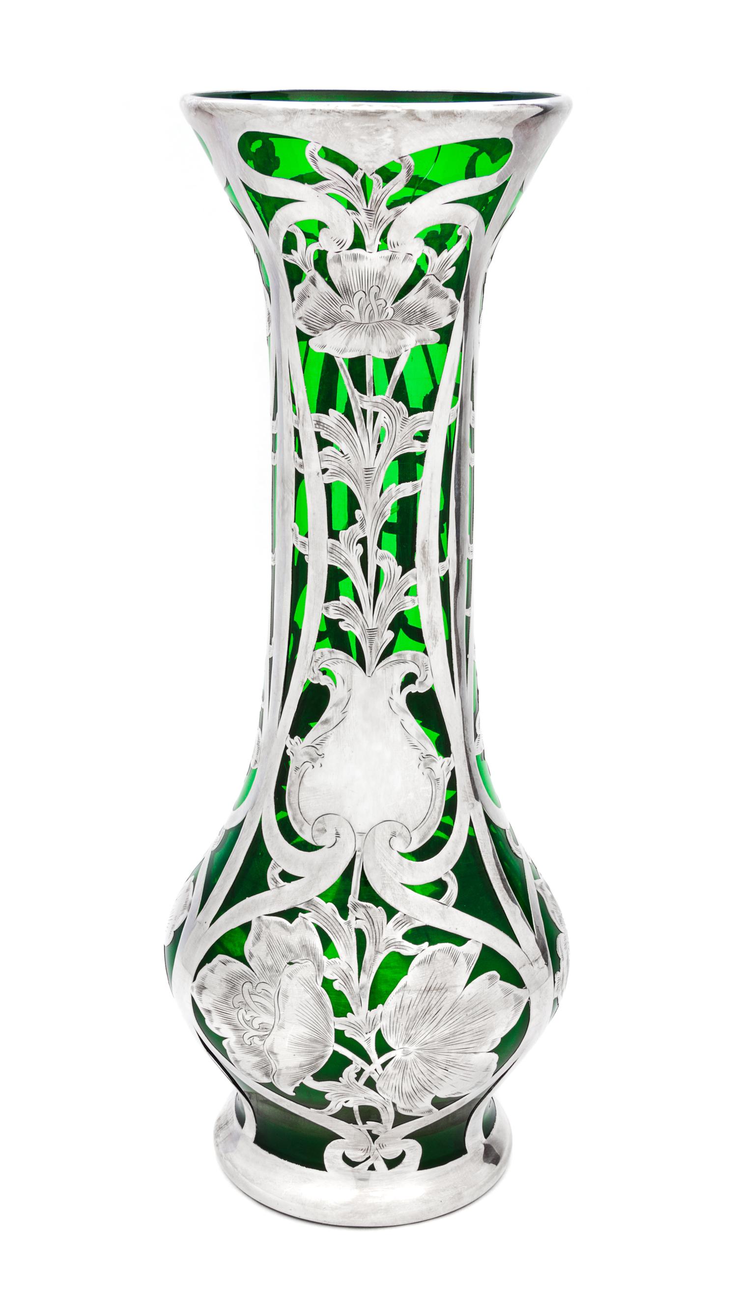 An Art Nouveau Silver Overlay Vase Height 13 7/8 inches.