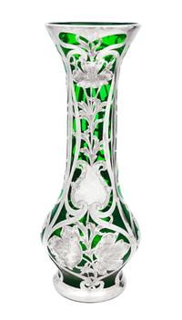 An Art Nouveau Silver Overlay Vase Height 13 7/8 inches.