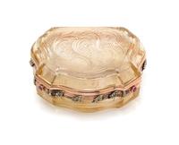 A Russian Gold Mounted and Jeweled Carved Topaz Box, St. Petersburg, 19th Century, of shield form with incised rocaille decoration, wit