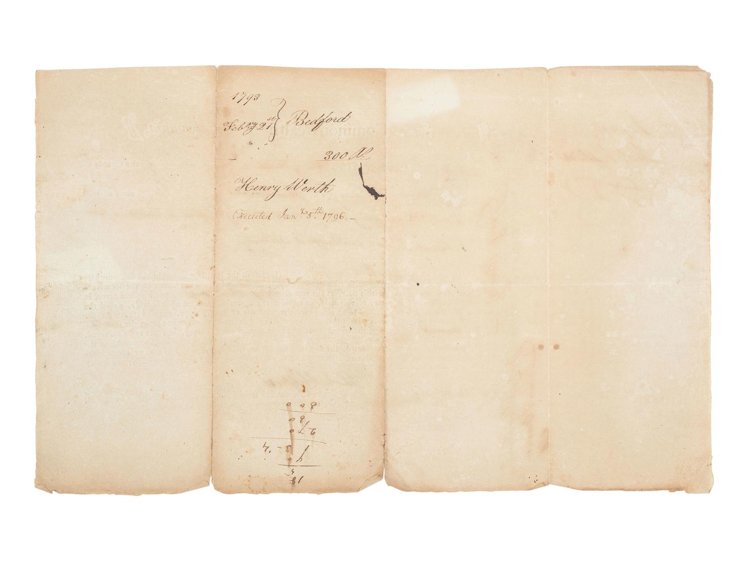 MIFFLIN, Thomas (1744-1800). Land grant signed ("Thos. Mifflin"), as Governor of Pennsylvania.