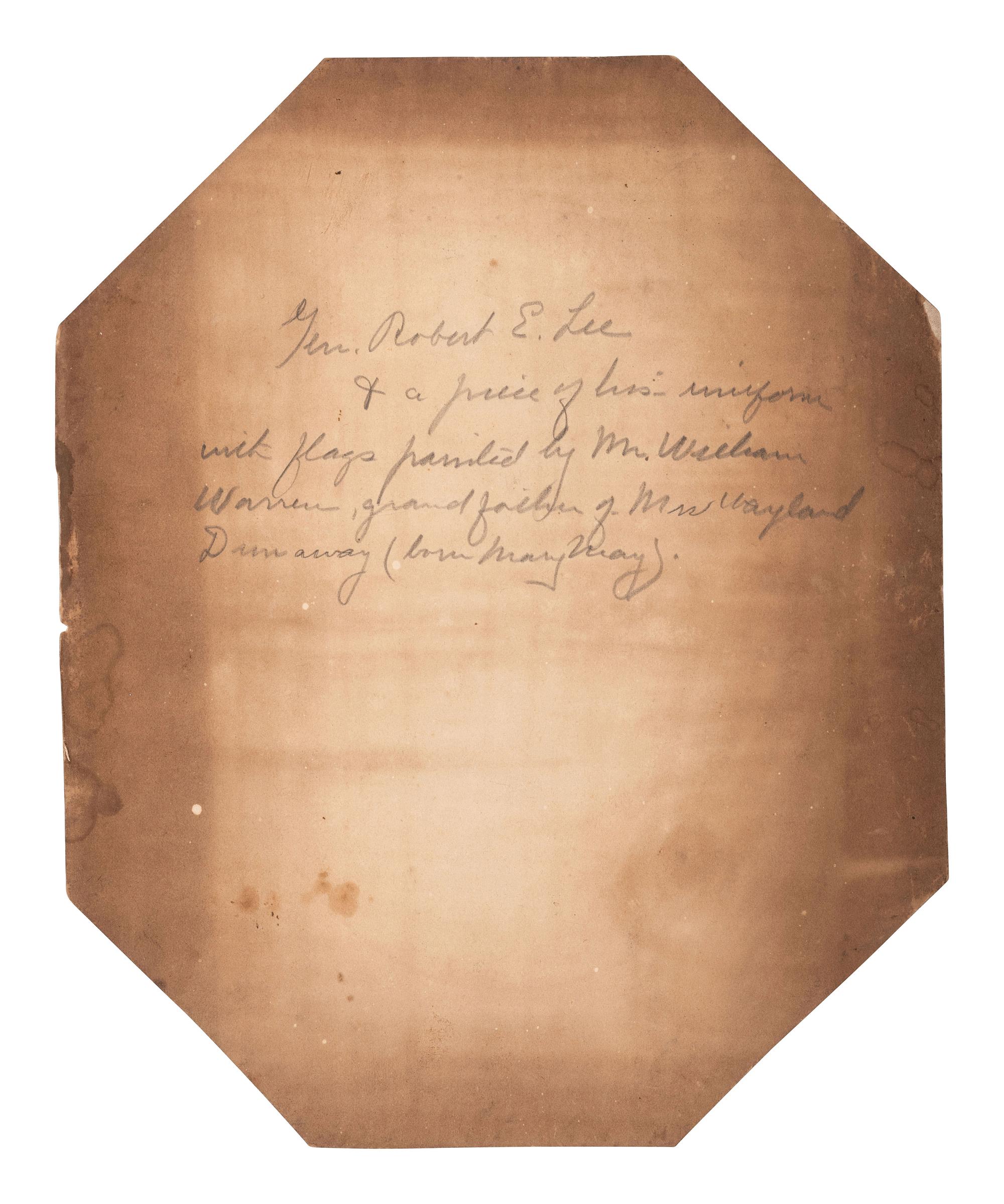 [LEE, Robert E. (1807-1870)]. Albumen photograph of Robert E. Lee with fabric identified as piece of General Lee's uniform.