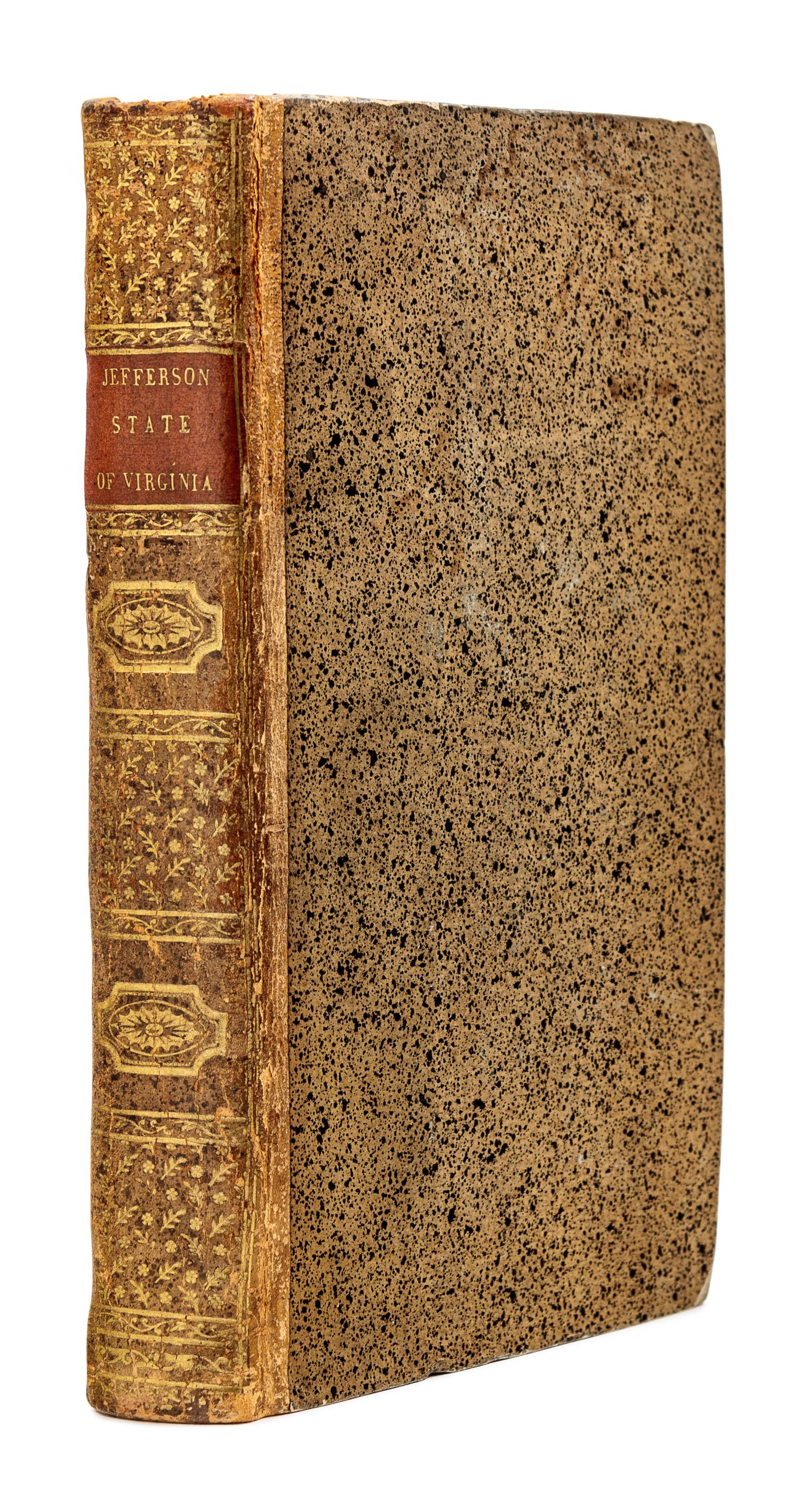 JEFFERSON, Thomas (1743-1826). Notes on the State of Virginia...Illustrated with A Map, including...Virginia, Maryland, Delaware and Pennsylvania . London: Printed for John Stockdale, 1787.