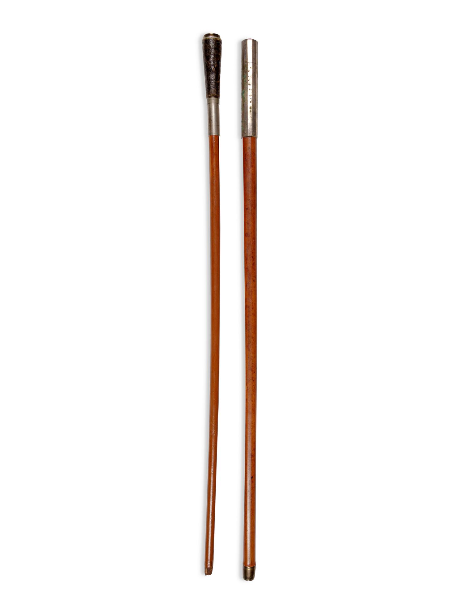 Two English Silvered Metal Mounted Explorer's Walking Sticks