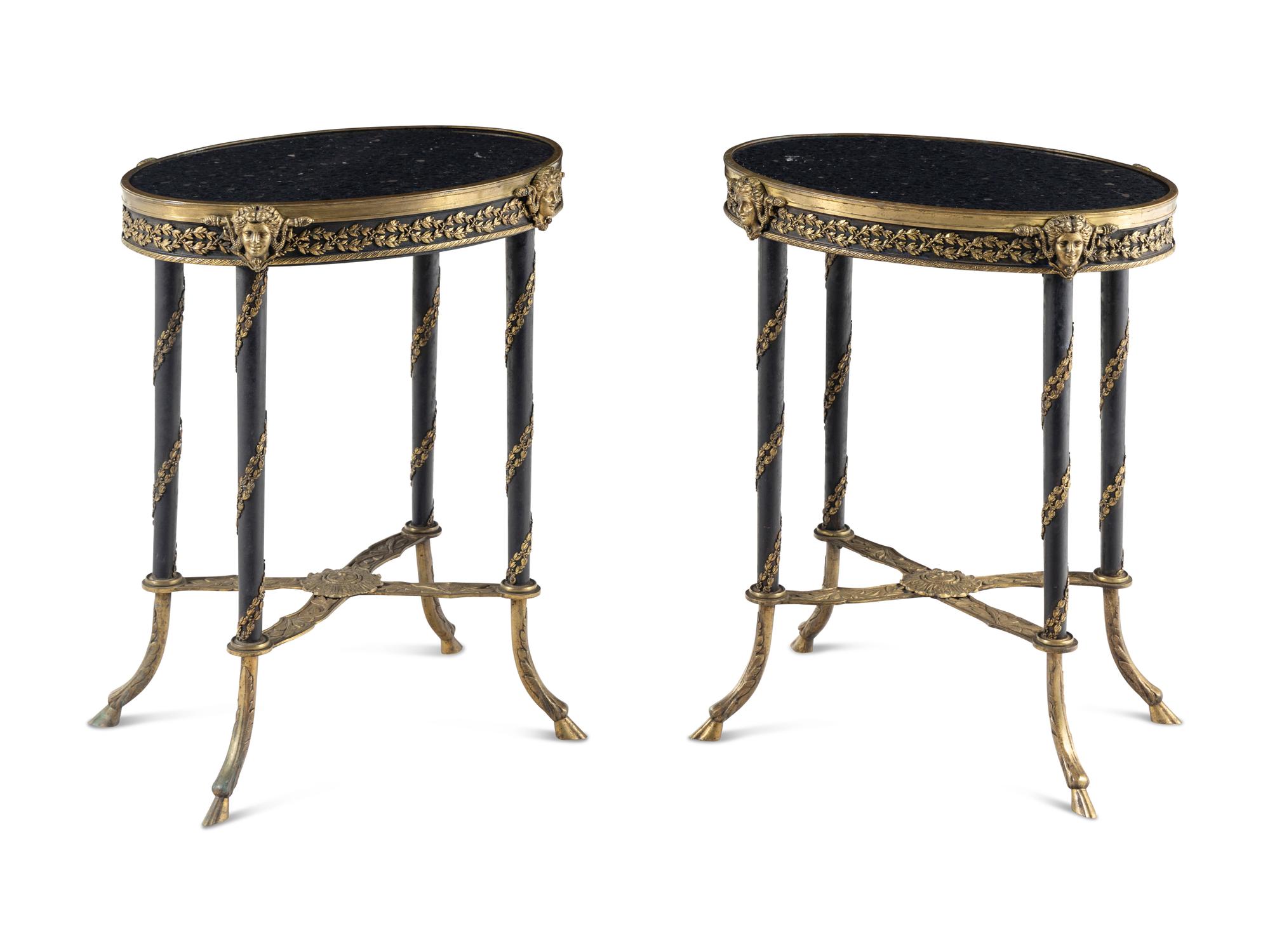 A Pair of French Gilt Bronze, Mahogany and Marble Side Tables