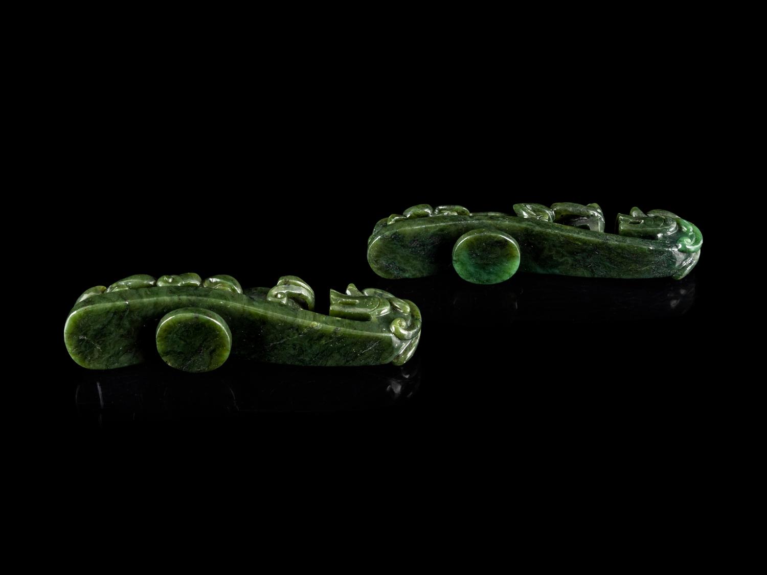 A Pair of Chinese Spinach Jade Belt Hooks