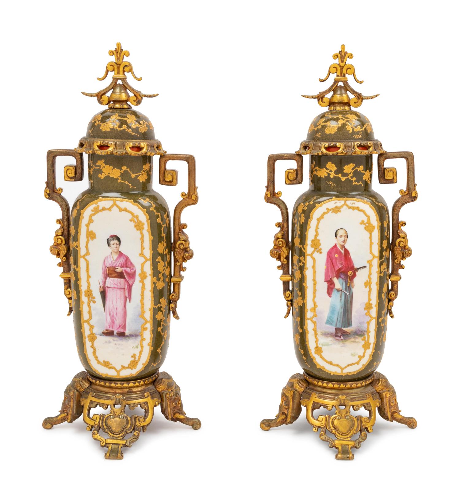 A Pair of French Japonesque Gilt Metal Mounted Porcelain Covered Vases