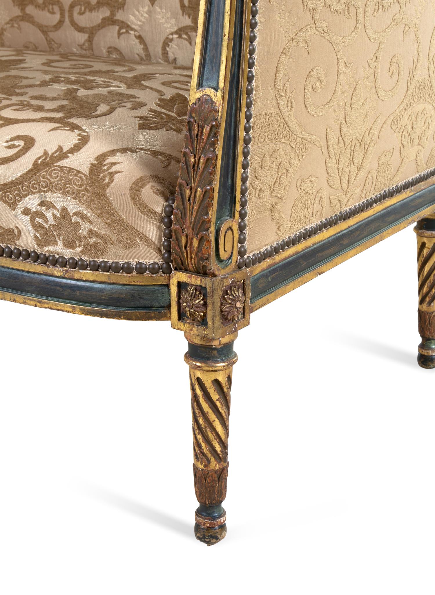 A Louis XV/XVI Transitional Style Painted and Parcel Gilt Settee