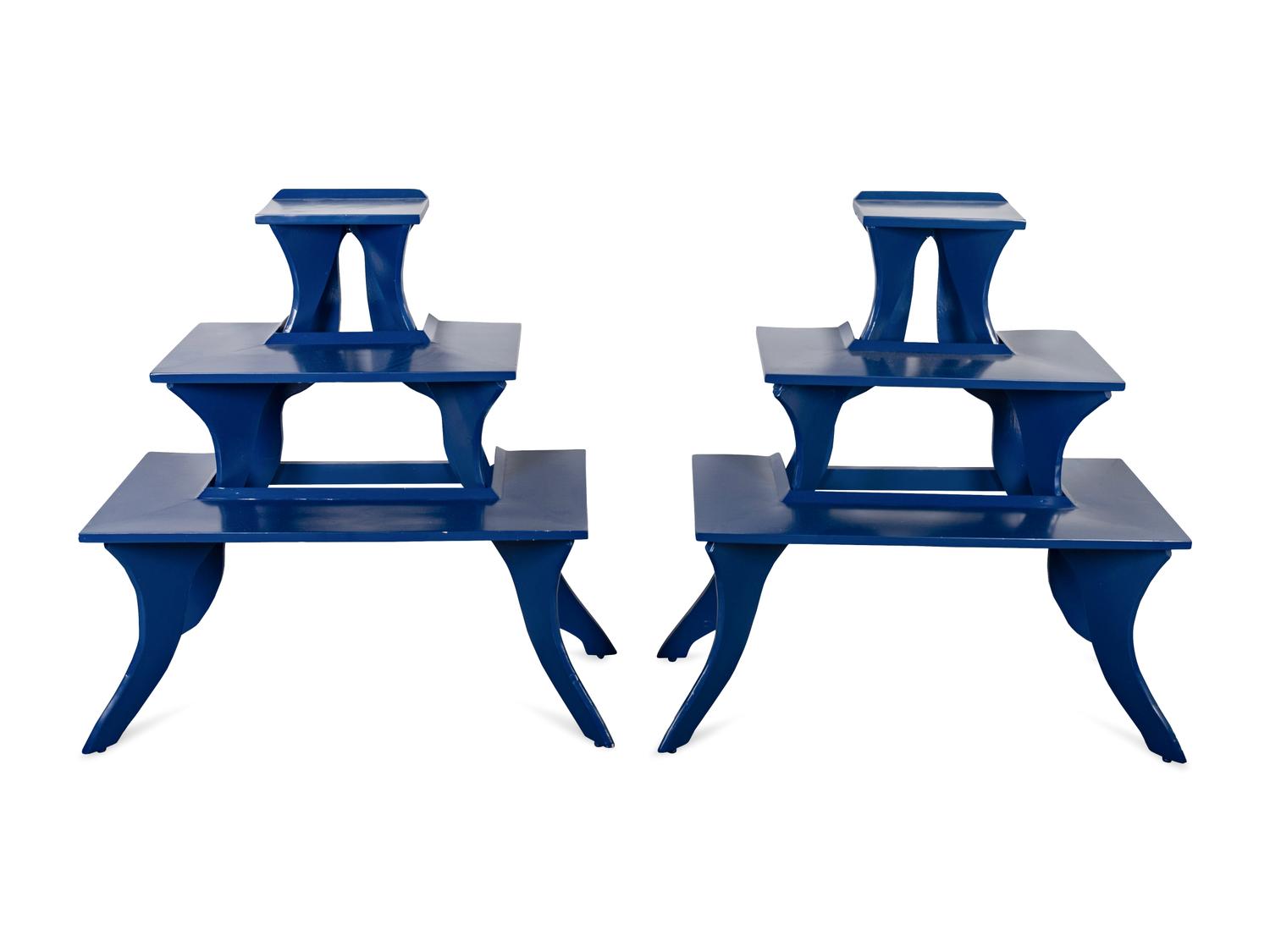 A Pair of Blue-Painted Three Tier Side Tables — 20TH/21ST CENTURY