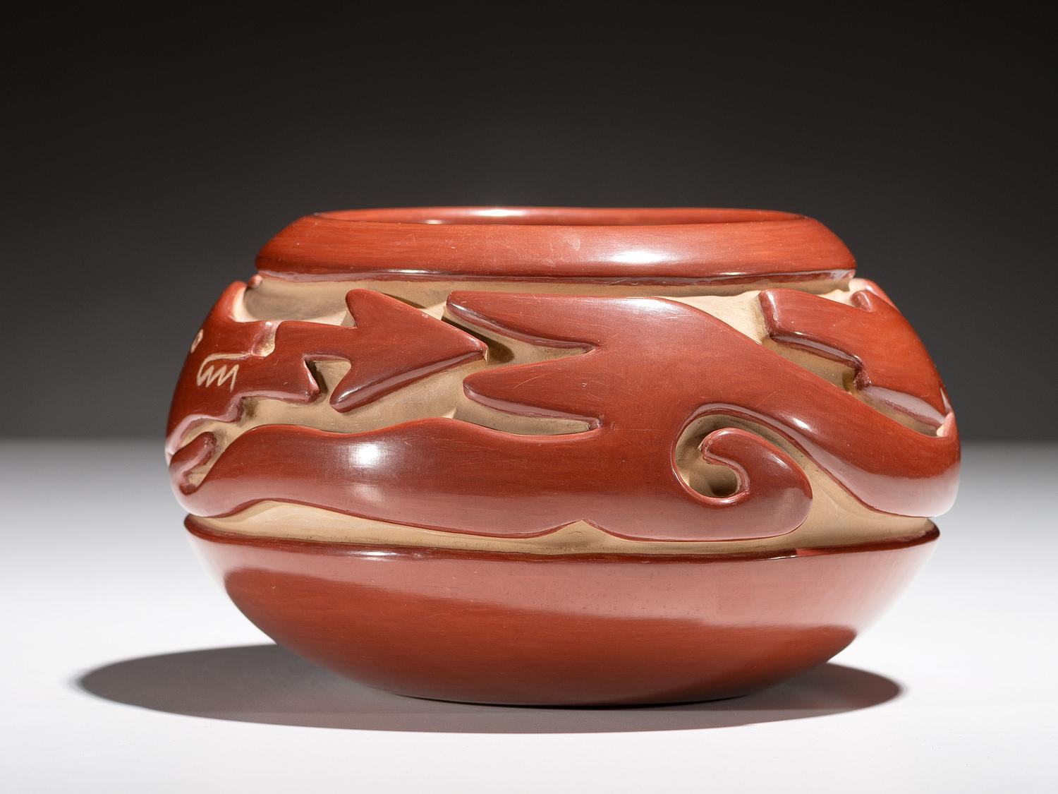 Carved Redware Pottery Bowl