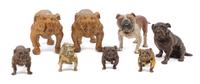 A Group of Eight Bronze and Metal Bulldogs Width of widest 8 inches.