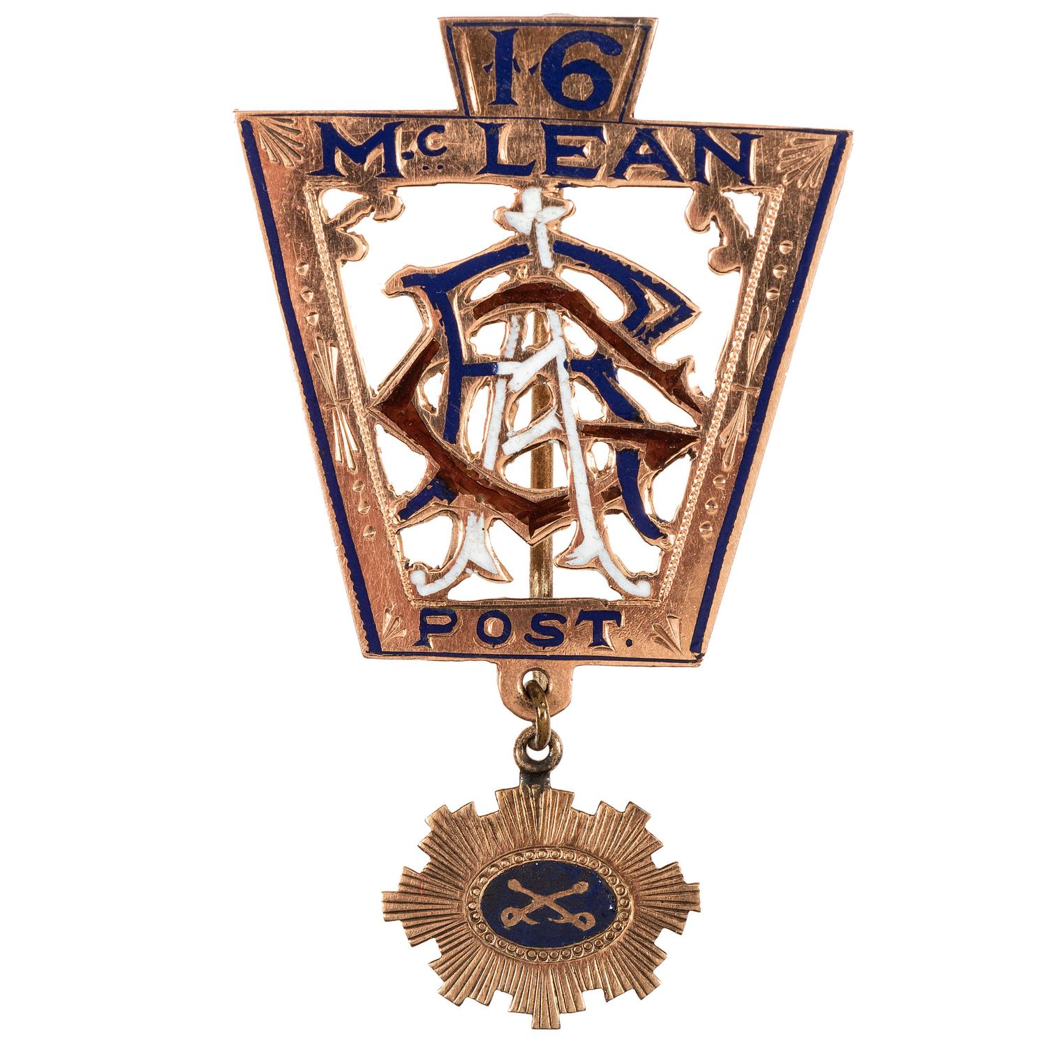Gold Sheridan's Corps badge presented by GAR post to Captain F. Dougherty, 1st Regiment Pennsylvania Volunteers and 2nd Regiment Pennsylvania Cavalry.