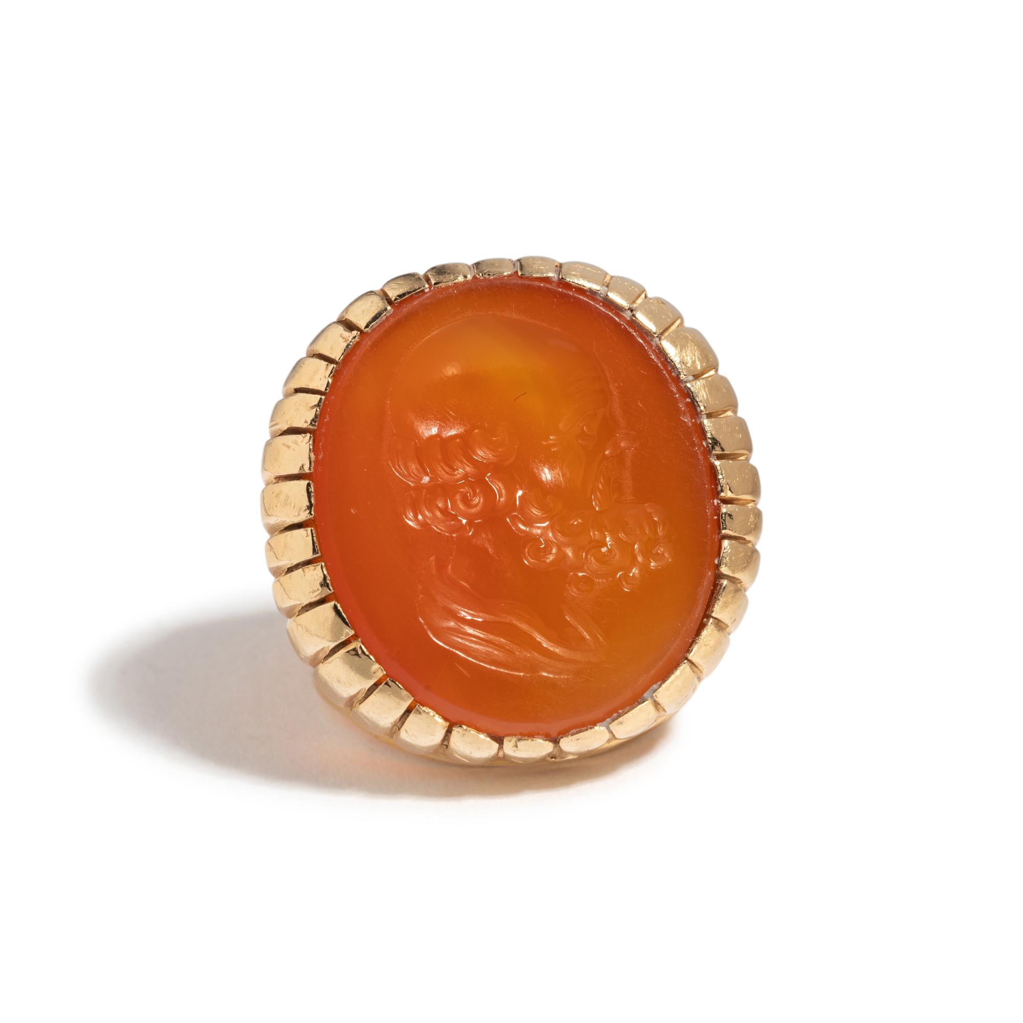A Neoclassical Gold and Carnelian Finger Ring with a Portrait Head of Socrates