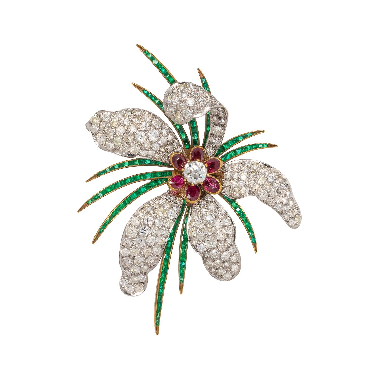 EVELYN CLOTHIER, DIAMOND, RUBY AND EMERALD FLOWER BROOCH