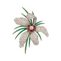 EVELYN CLOTHIER, DIAMOND, RUBY AND EMERALD FLOWER BROOCH