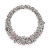 Emerald, Sapphire, Ruby, Diamond, and White Gold Foliate Collar Necklace