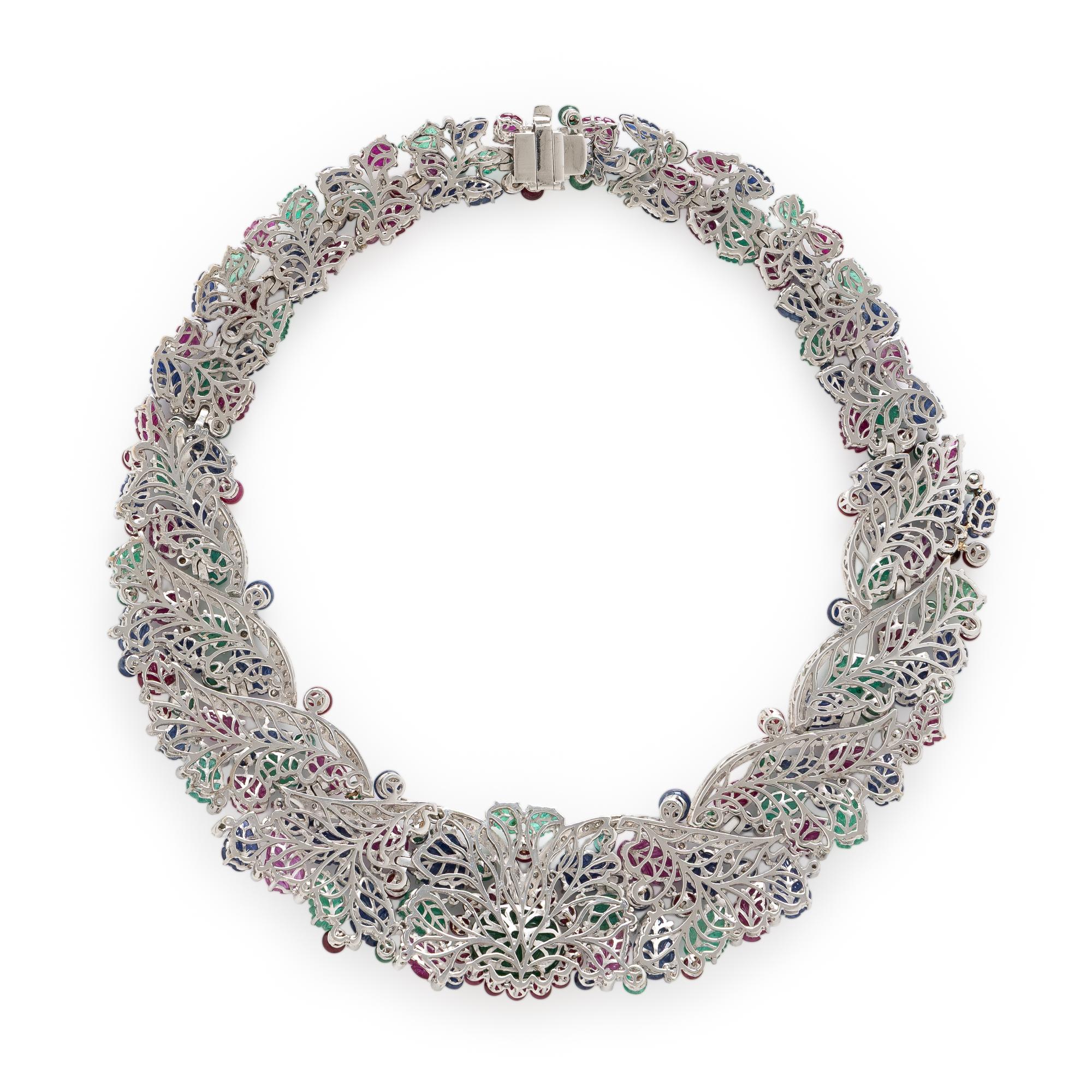 Emerald, Sapphire, Ruby, Diamond, and White Gold Foliate Collar Necklace