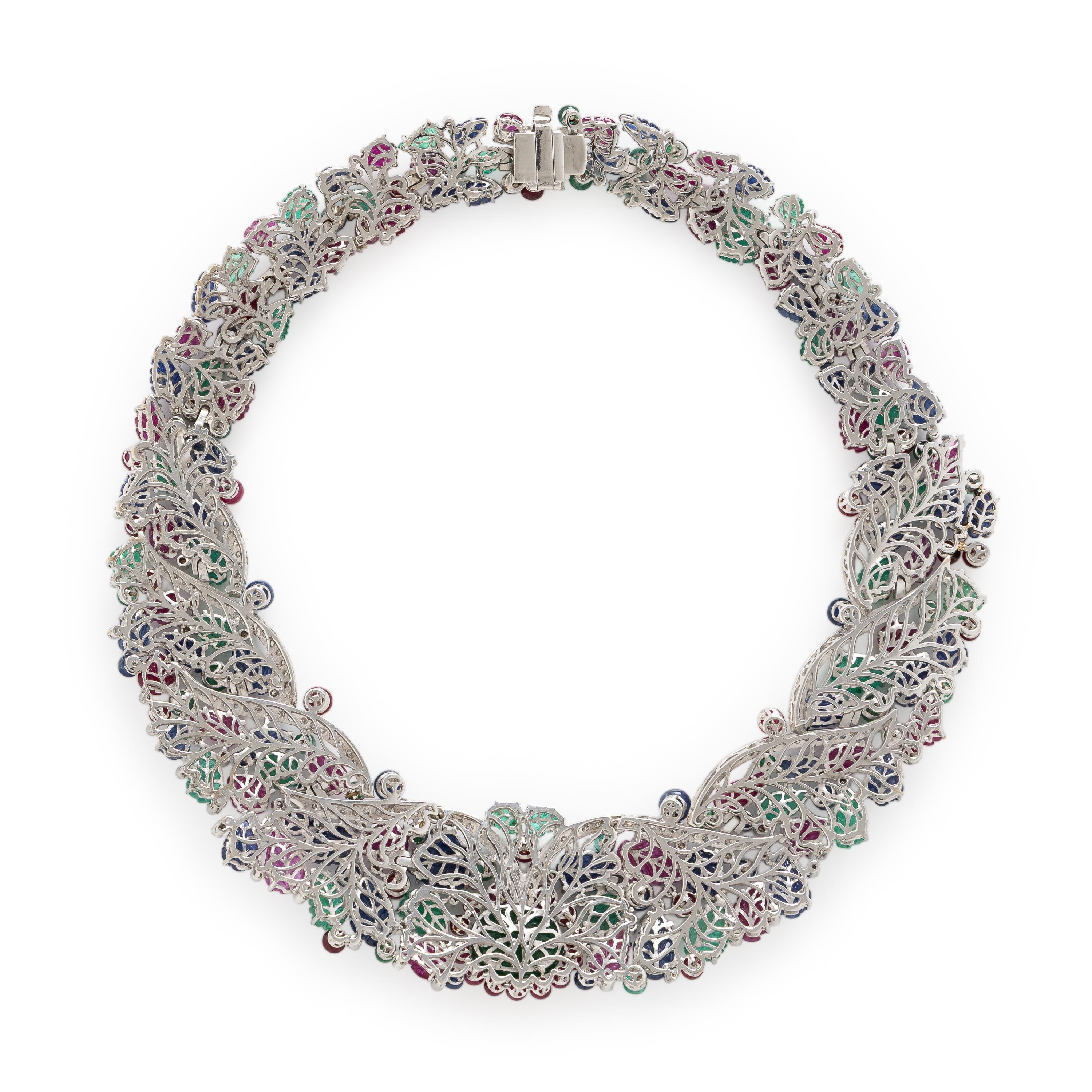 Emerald, Sapphire, Ruby, Diamond, and White Gold Foliate Collar Necklace