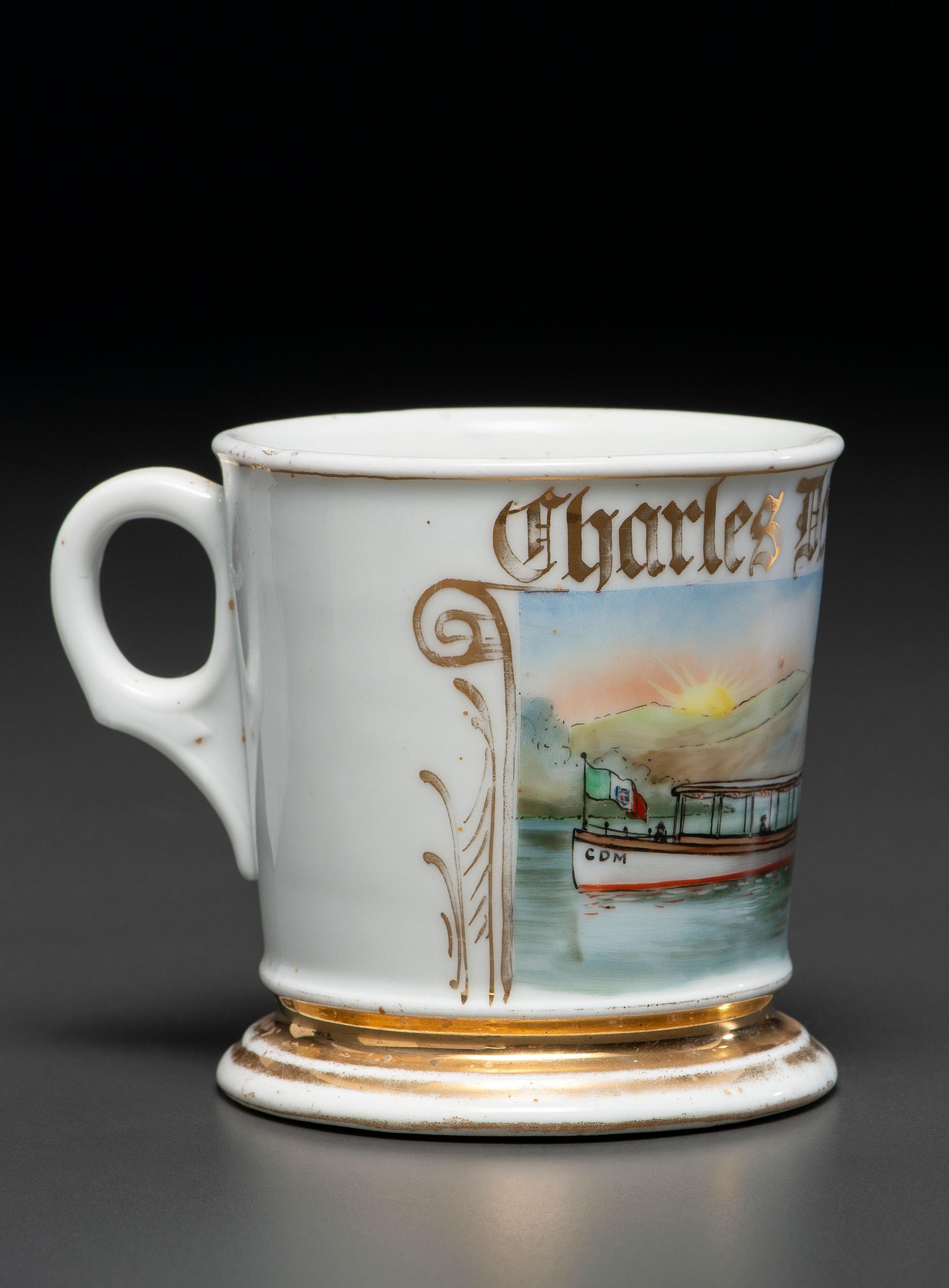 A Porcelain Shaving Mug Depicting a Motorboat