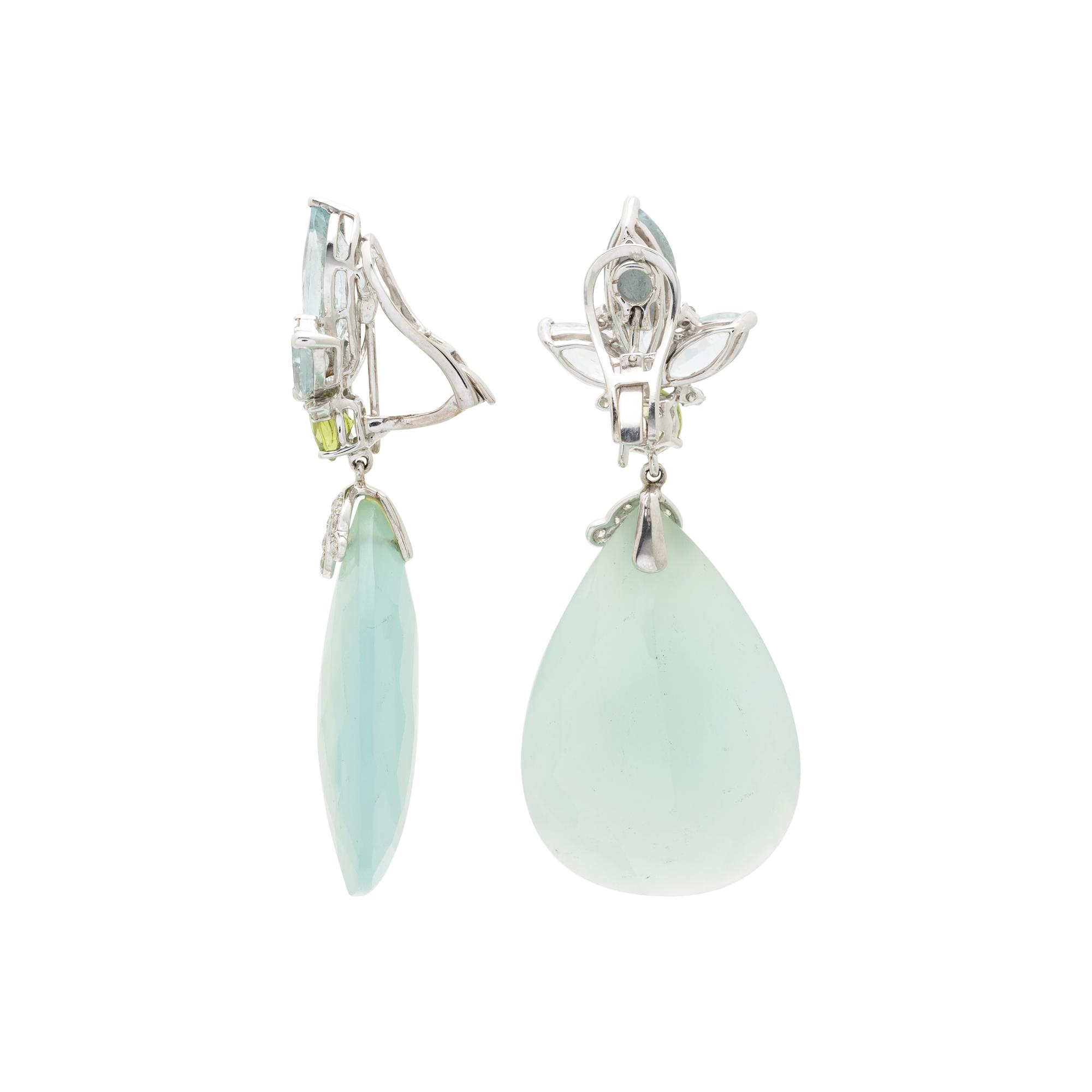 QUARTZ, AQUAMARINE, PERIDOT, AND DIAMOND EARRINGS