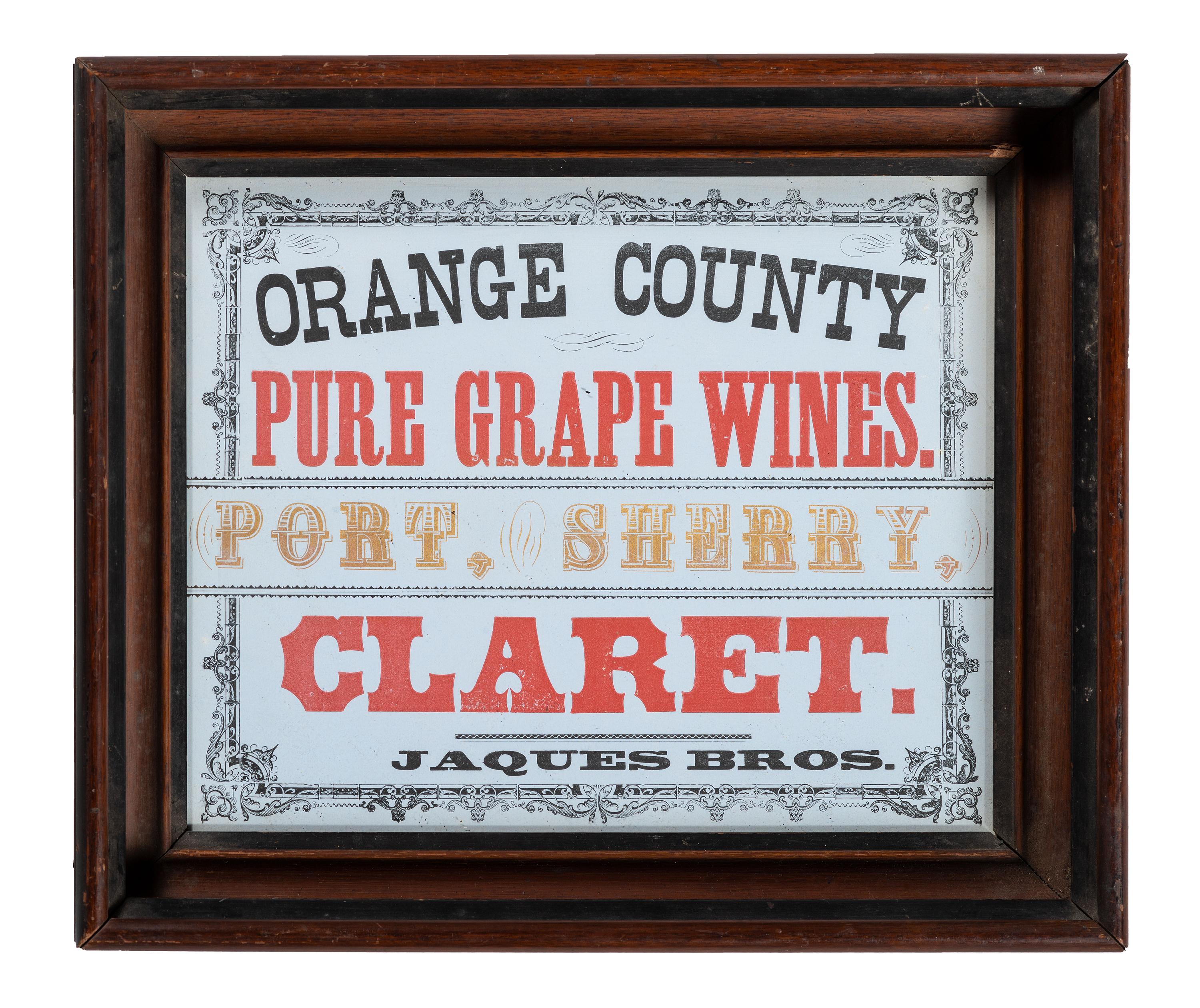 [ADVERTISING] -- [WINE]. A group of 2 broadsides promoting food and beverage, highlighted by advertisement for Jaques Bros.' "Orange County Pure Grape Wines."