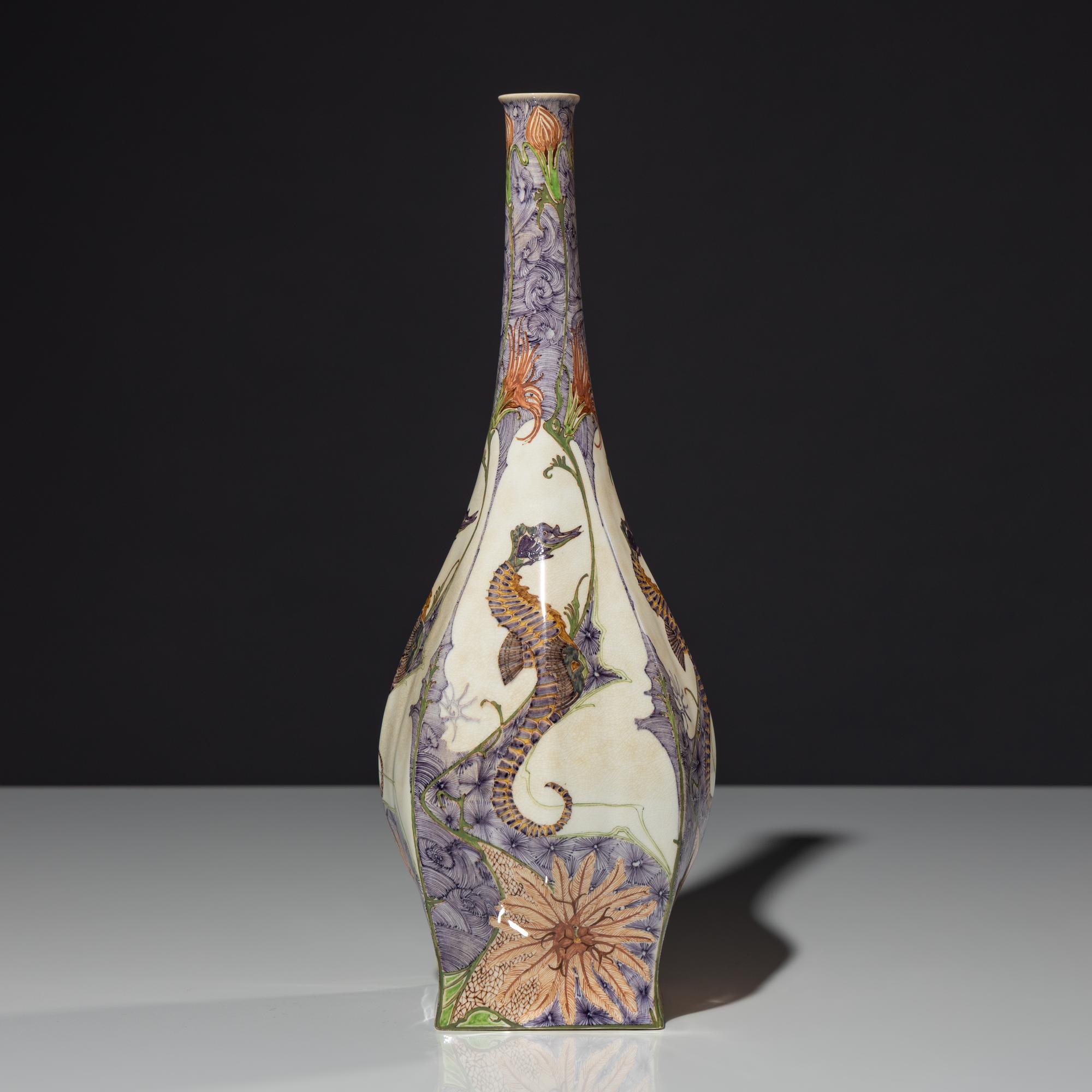 Eggshell porcelain vase with polychrome seahorse decor, model 89