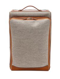 An Hermes Ecru Canvas and Fawn Barenia Calfskin Caleche-Express Suitcase, 14" x 21.5" x 10".