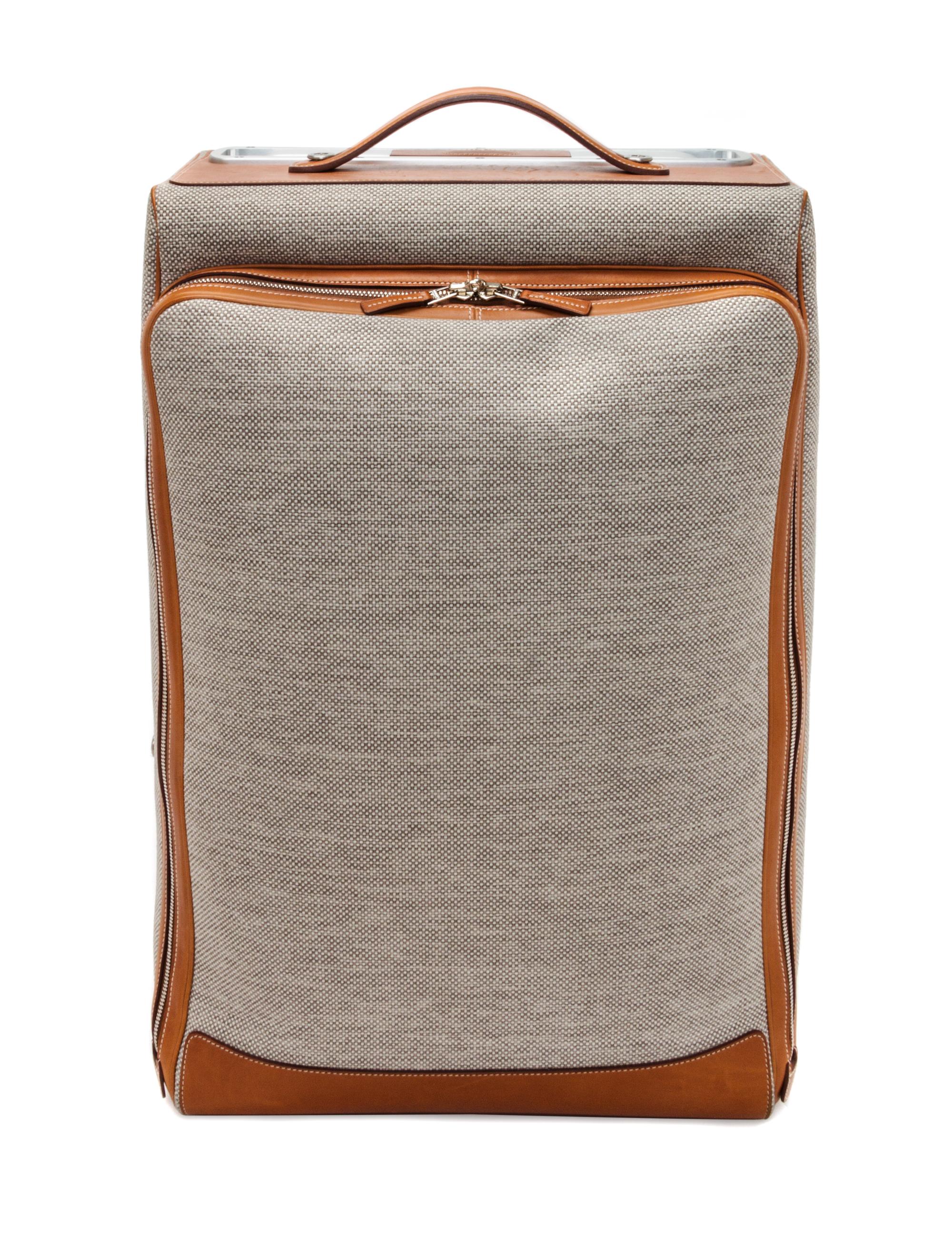 An Hermes Ecru Canvas and Fawn Barenia Calfskin Caleche-Express Suitcase, 14" x 21.5" x 10".