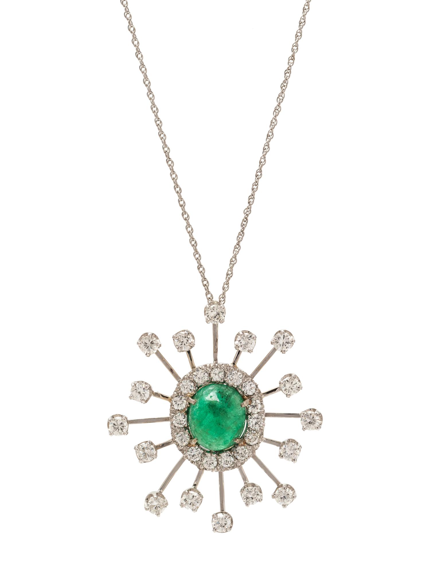 A 14 Karat White Gold, Emerald and Diamond Pendant,