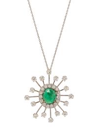 A 14 Karat White Gold, Emerald and Diamond Pendant,