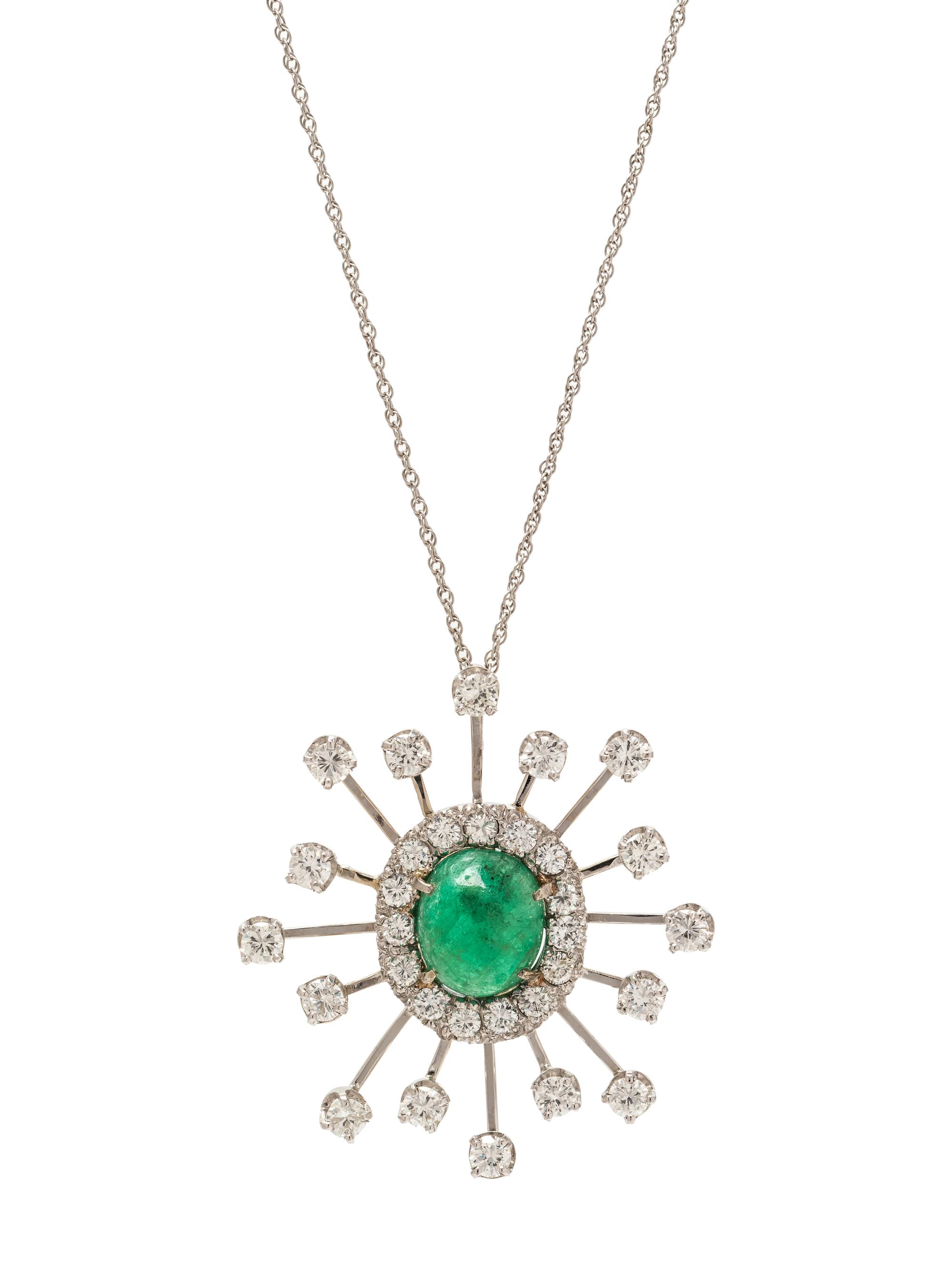 A 14 Karat White Gold, Emerald and Diamond Pendant,