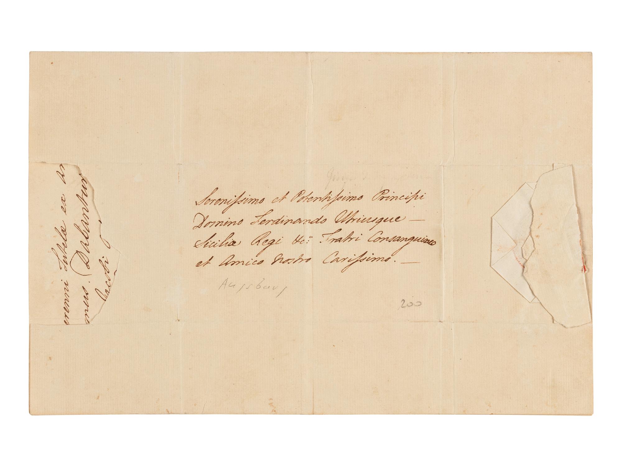 GEORGE III, King of England (1738-1820). Letter signed and subscribed ("Bonus Frater Consanguineus et Amicus Georgius R."), in Latin, to Ferdinand IV of Naples. St. James's Palace, 8 August, 1783. Countersigned by D. J. Fox.