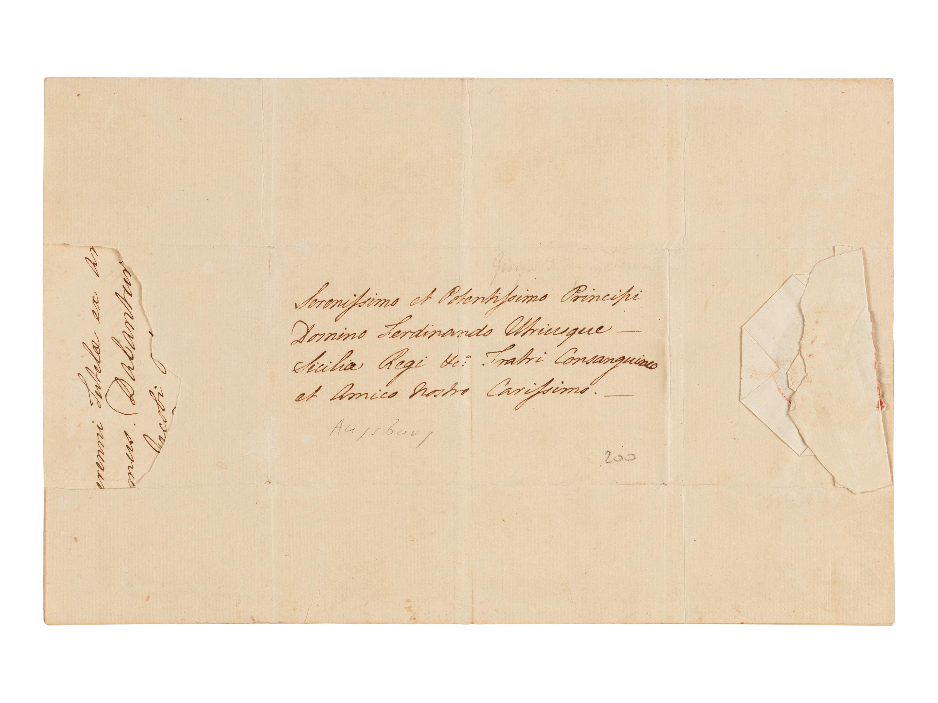 GEORGE III, King of England (1738-1820). Letter signed and subscribed ("Bonus Frater Consanguineus et Amicus Georgius R."), in Latin, to Ferdinand IV of Naples. St. James's Palace, 8 August, 1783. Countersigned by D. J. Fox.