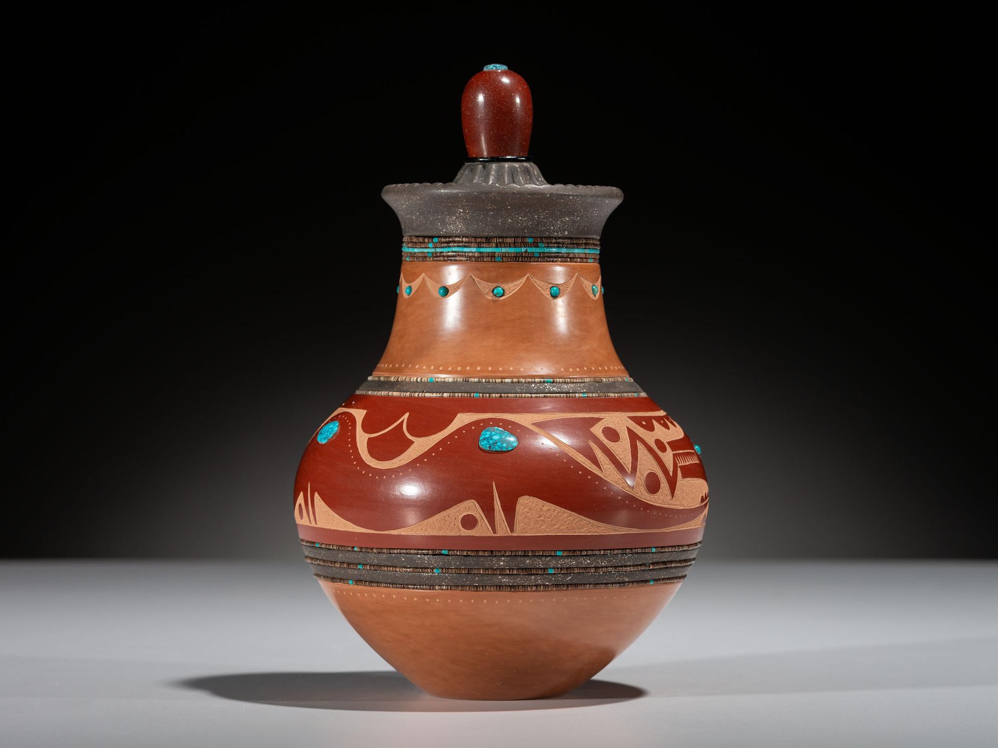 Red, Black, and Sienna Lidded Pottery Jar