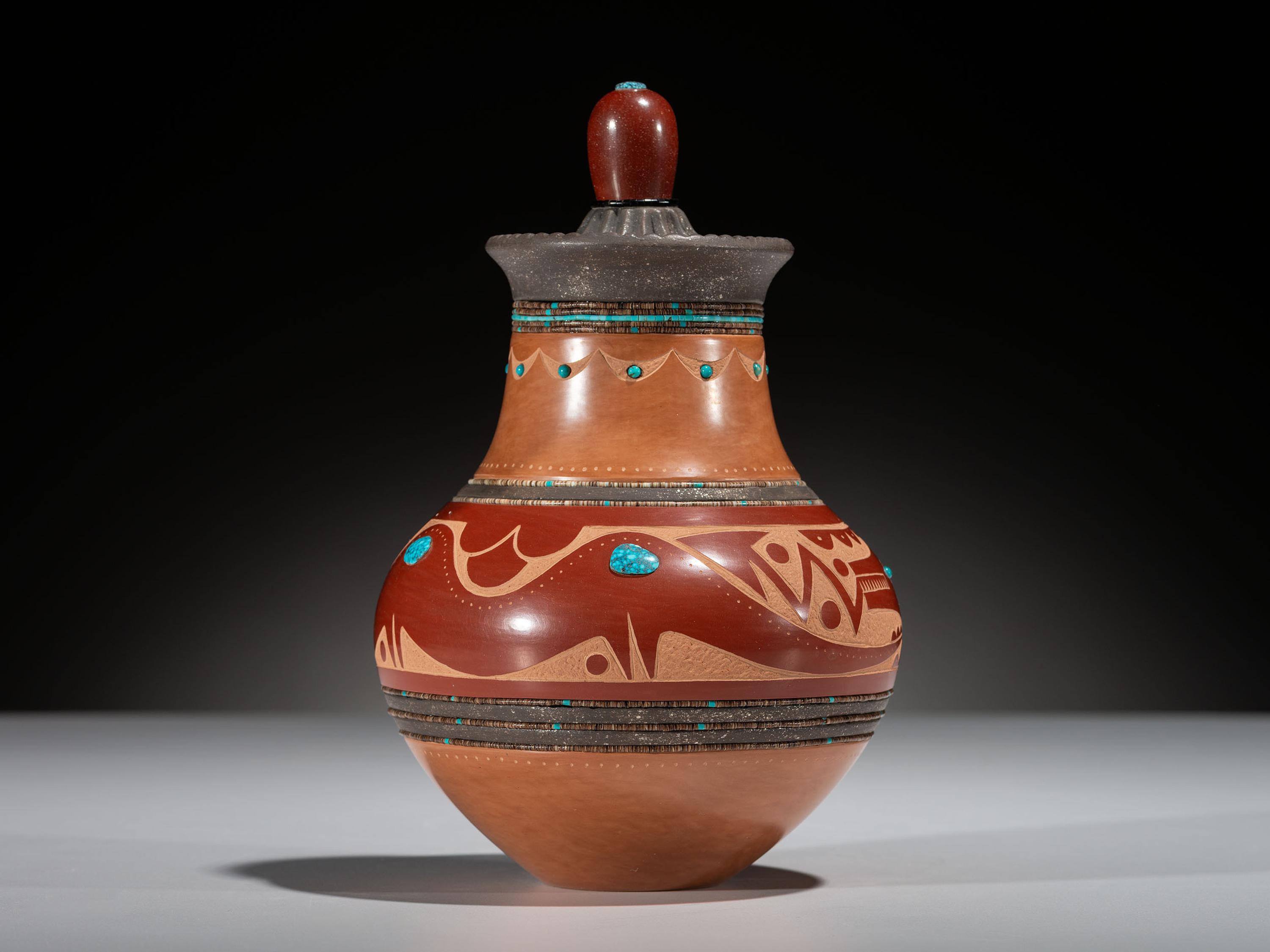 Red, Black, and Sienna Lidded Pottery Jar