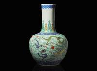 A large Chinese enameled and underglaze blue-decorated "Nine Dragons vase", late Qing to Republic period 九龍紋斗彩大龍瓶 晚清至民國