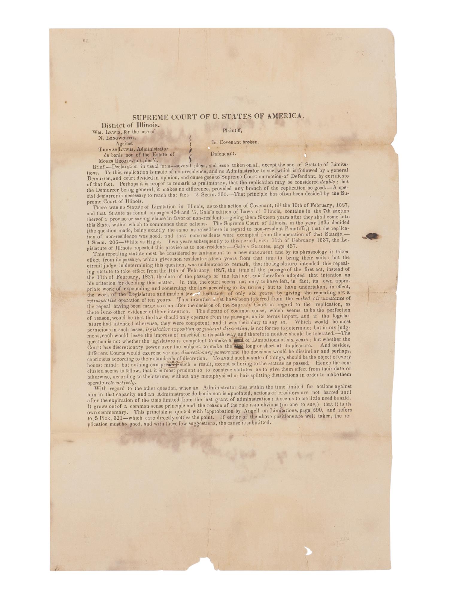 [LINCOLN, Abraham (1809-1865)]. Supreme Court of U. States of America. District of Illinois. Wm. Lewis, for use of N. Longworth against Thomas Lewis... N.p., n.p., n.d. [ca 7 March 1849].