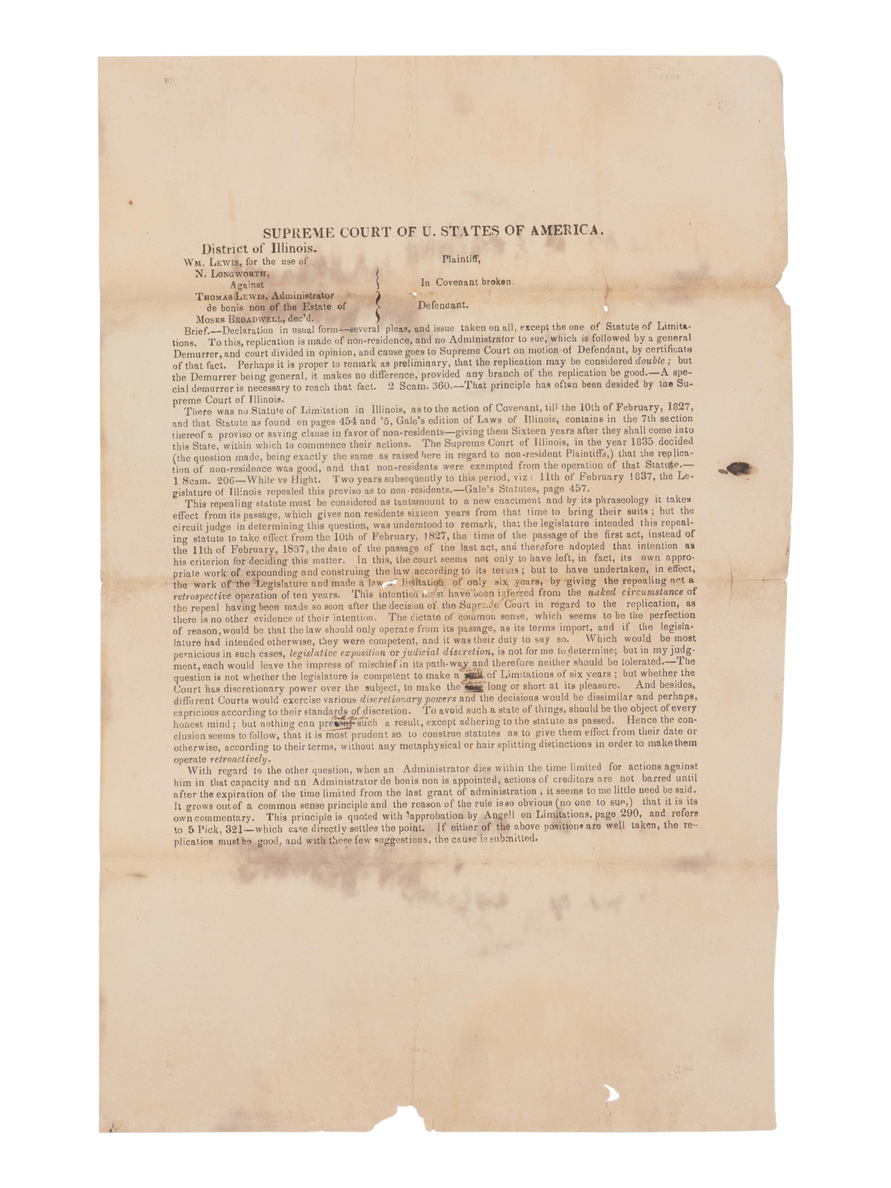[LINCOLN, Abraham (1809-1865)]. Supreme Court of U. States of America. District of Illinois. Wm. Lewis, for use of N. Longworth against Thomas Lewis... N.p., n.p., n.d. [ca 7 March 1849].