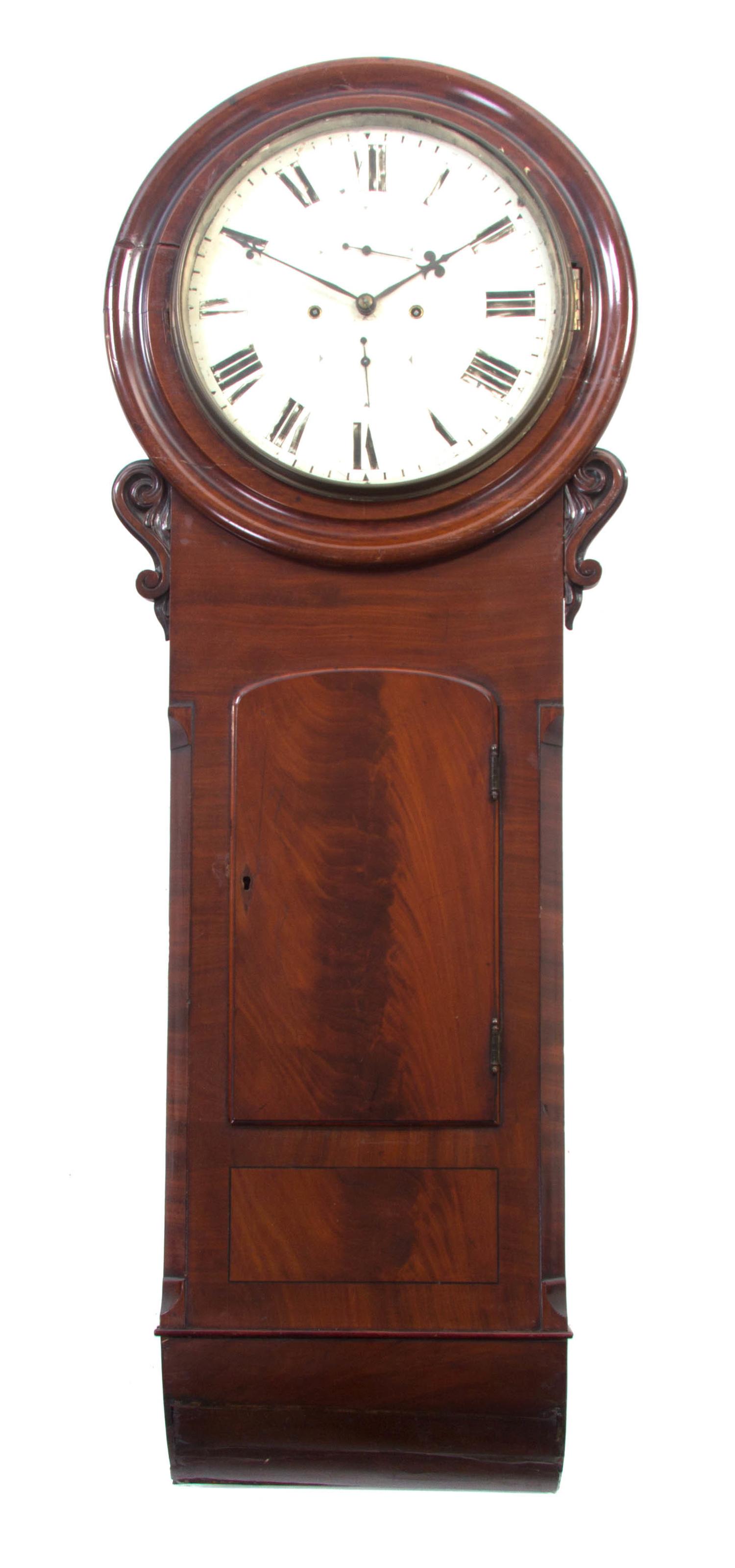 An English Mahogany Wall Clock, Height 56 inches