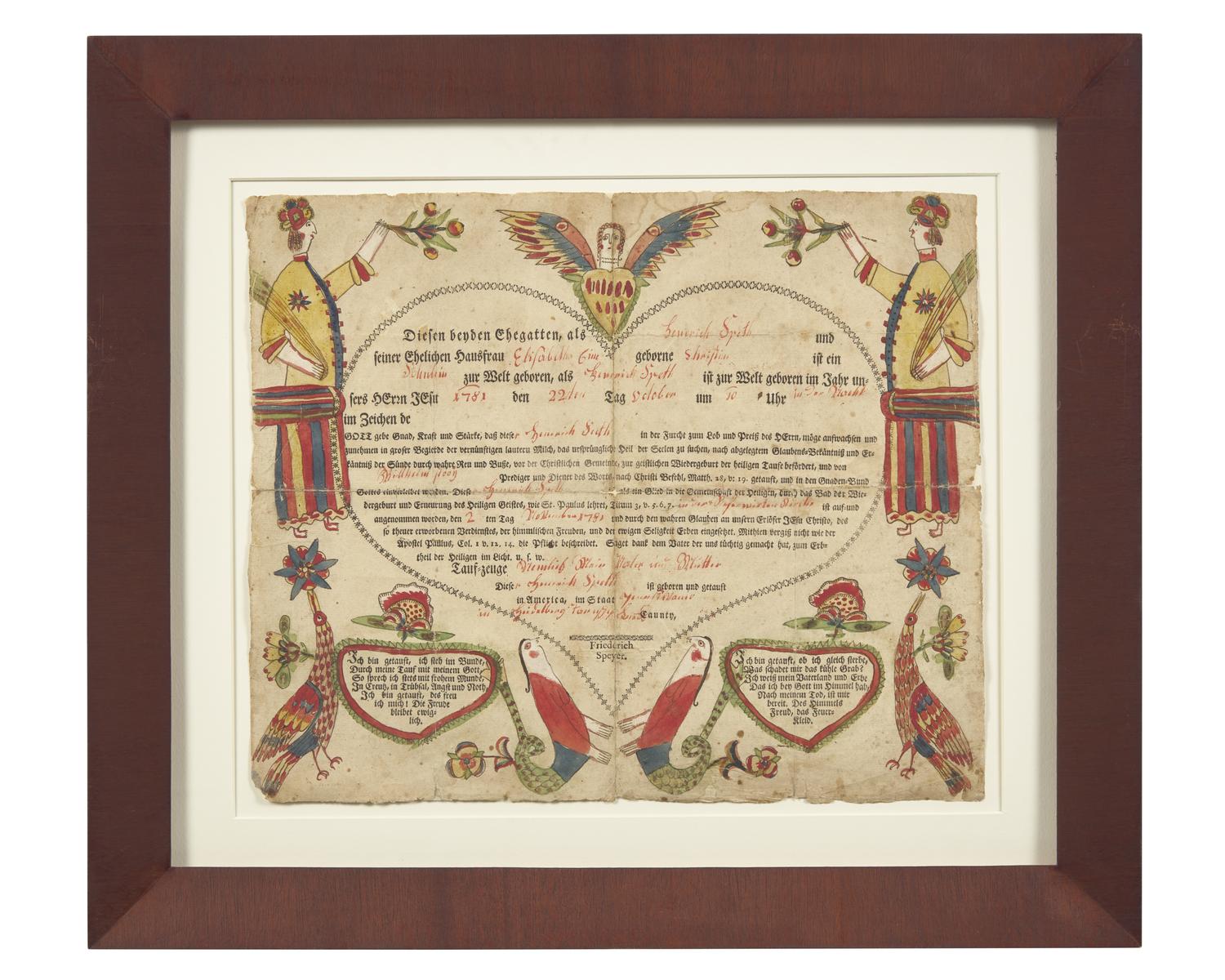 A Printed and Hand-Colored Fraktur Birth and Baptism Record, Georg Friedrick Speyer (active 1774-1801)
