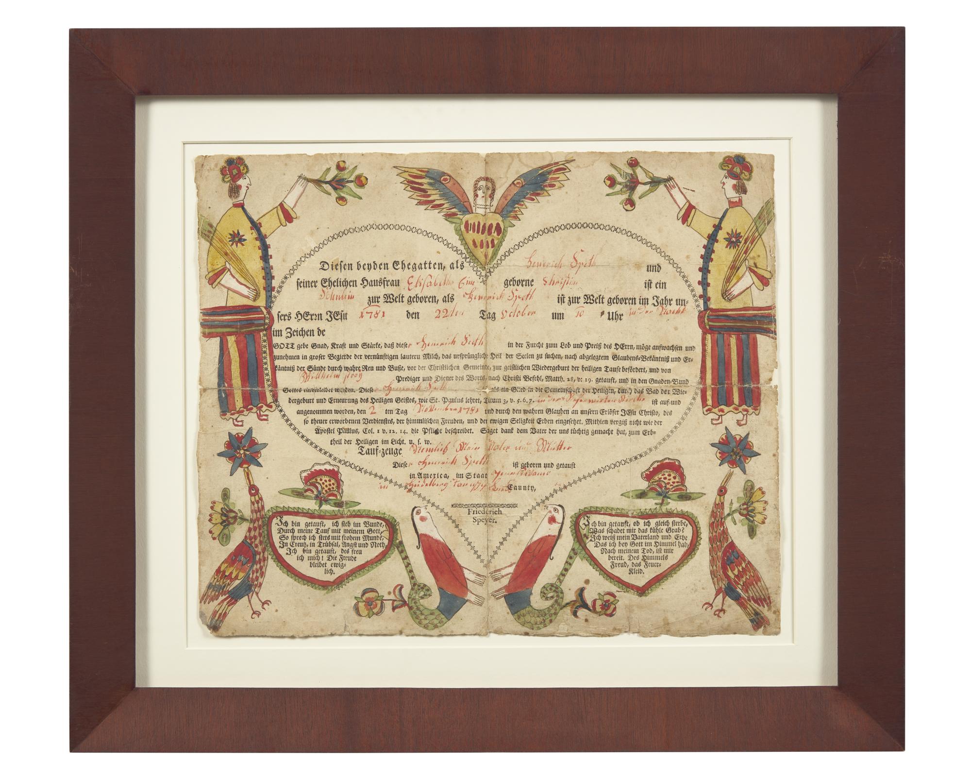 A Printed and Hand-Colored Fraktur Birth and Baptism Record, Georg Friedrick Speyer (active 1774-1801)