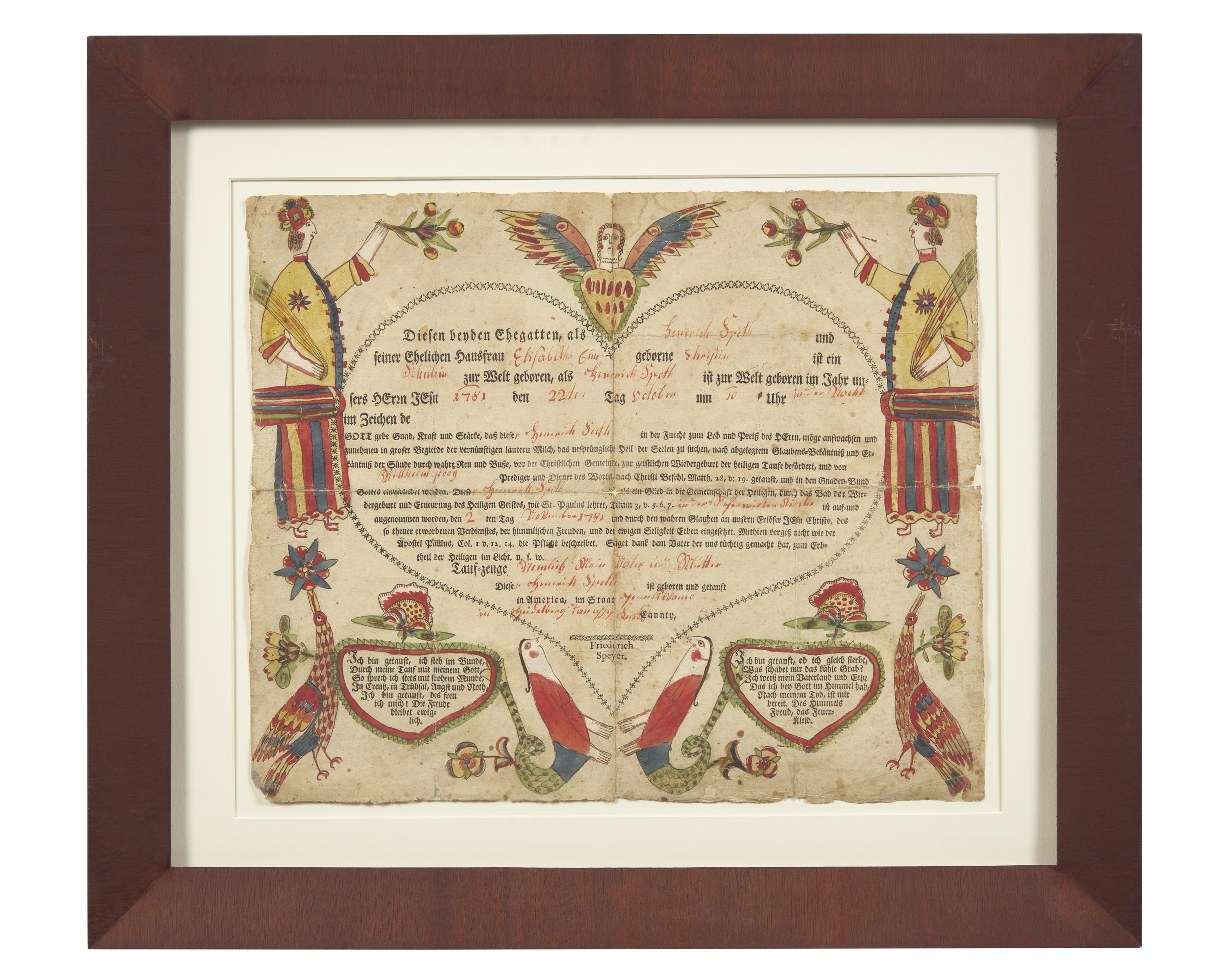A Printed and Hand-Colored Fraktur Birth and Baptism Record, Georg Friedrick Speyer (active 1774-1801)