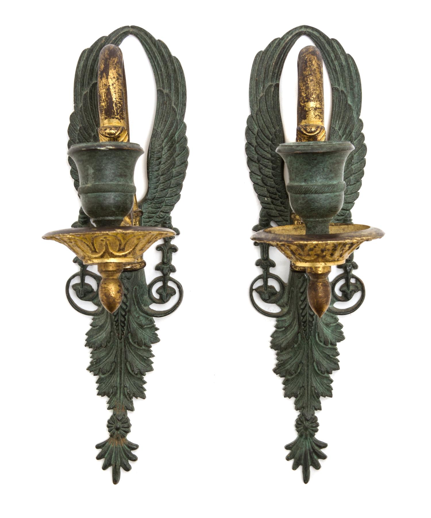 A Pair of Empire Gilt and Patinated Bronze Single-Light Sconces, Height 8 inches.