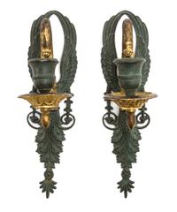 A Pair of Empire Gilt and Patinated Bronze Single-Light Sconces, Height 8 inches.