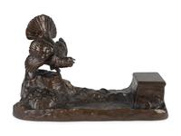 A Bronze Standish with Ruffled Grouse and Inkwell