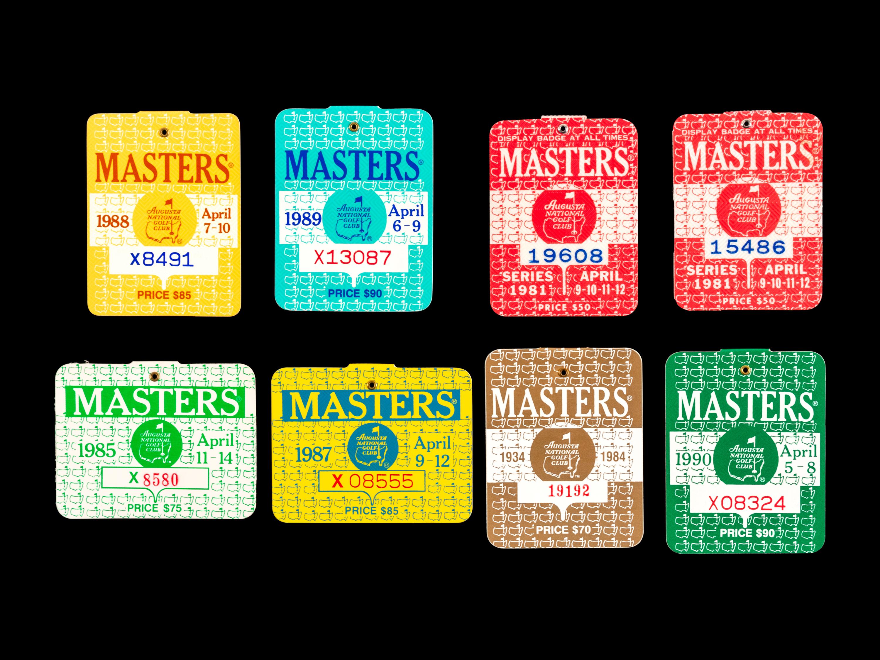 A Group of 29 1960s-2000s Masters Golf Tournament Augusta National Badges Including Tiger Woods' First Appearance